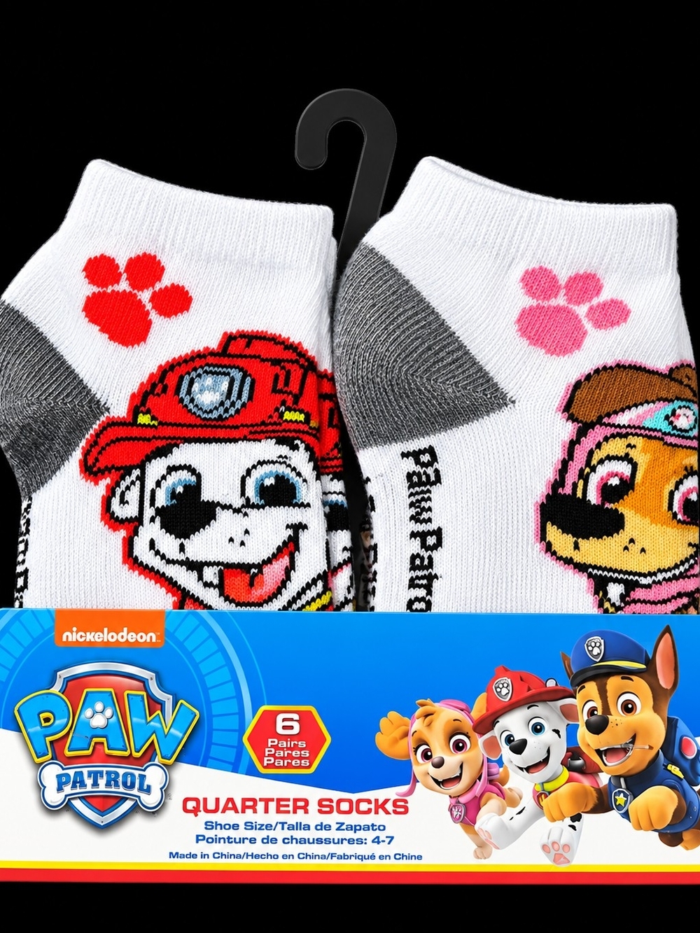 Paw Patrol White Quarter Socks with Red & Pink Paw Prints - 6 Pack